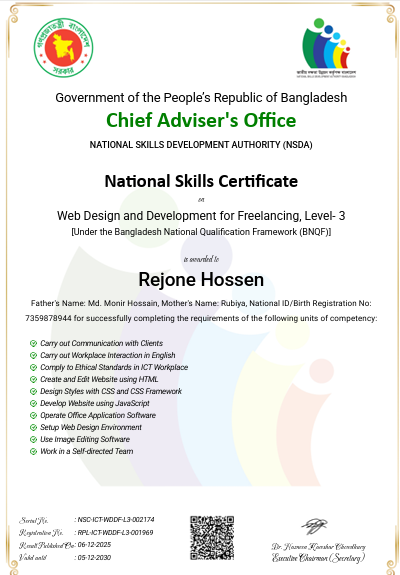 National Skills Certificate in Web Design and Development for Freelancing (Level-3)